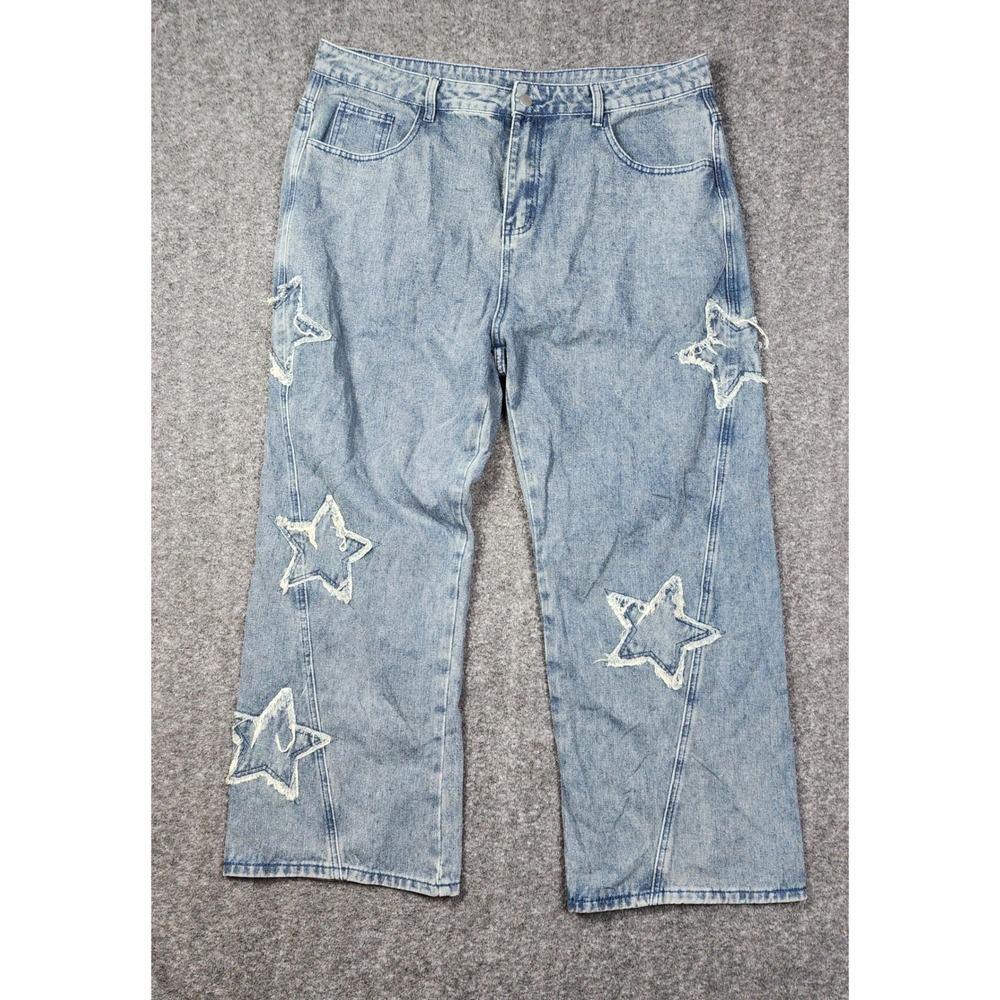 Unbranded Star Patchwork Jeans Mens 2XL Light Blue Y2K Streetwear Baggy Wide Leg